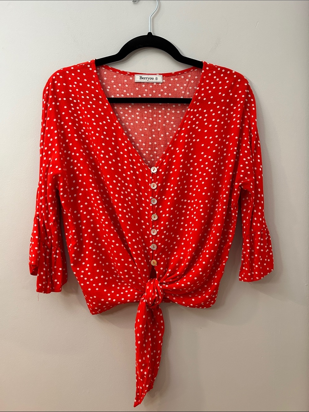 Berryou Red Polka Dot Tie-Front Button Down Top